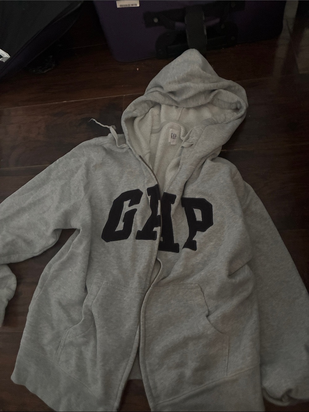 GAP Heather Gray Zip Hoodie with Black Lettering